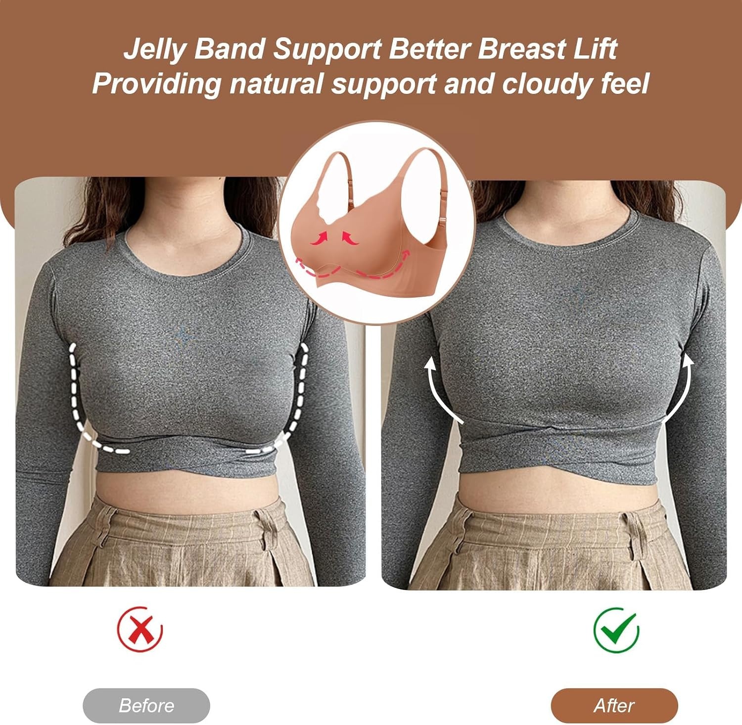 image:imageOEAK Womens Wireless Bras Push Up Jelly Bra Support Tshirt BraletteLatte